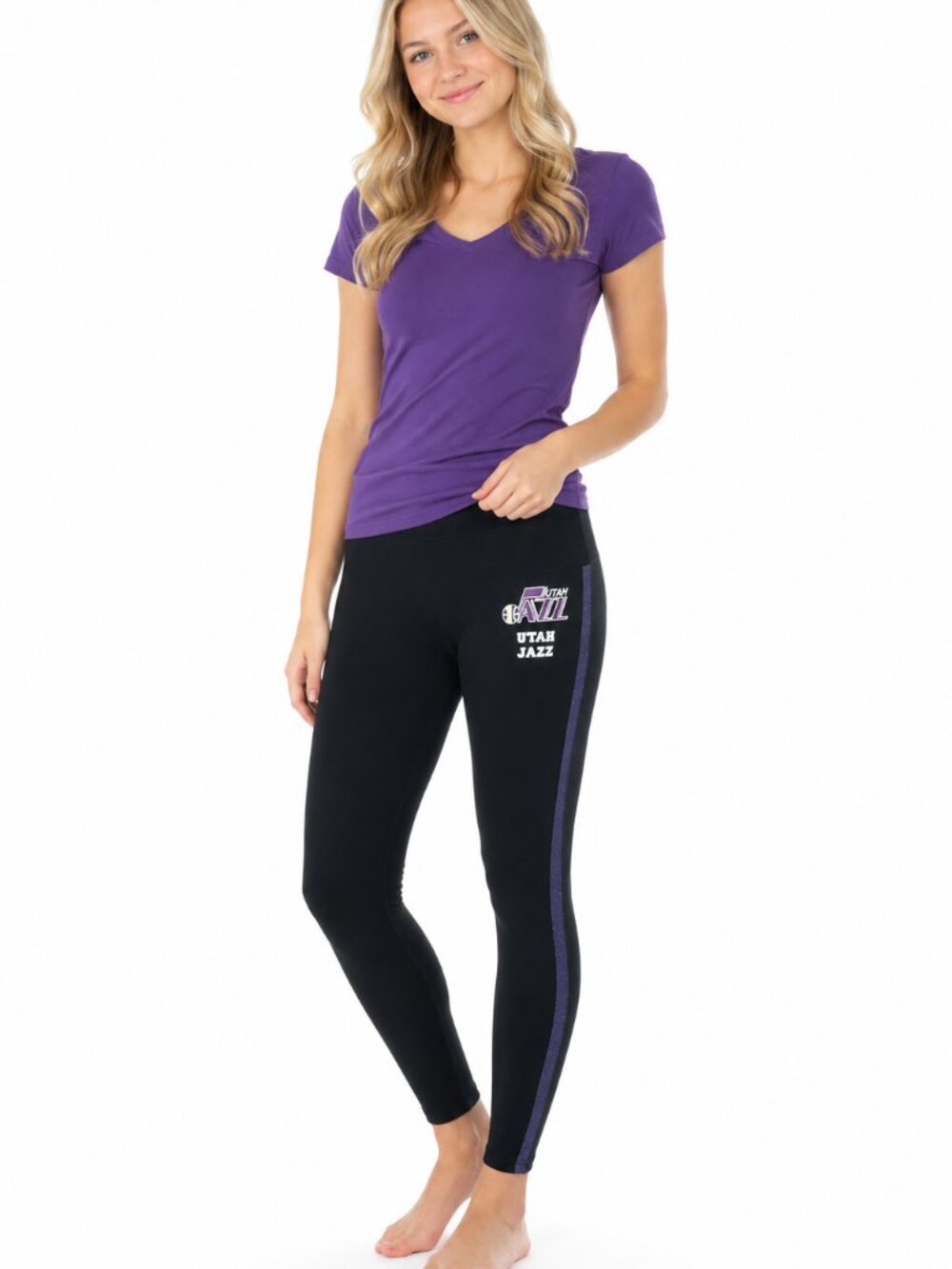 Utah Jazz Women Leggings Size Medium Tights Black Pants Blue Sparkle Stripes